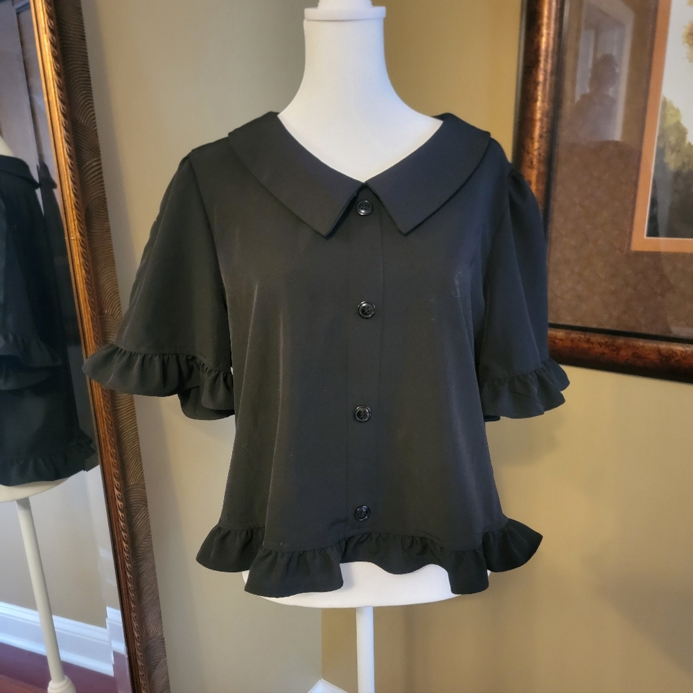 Black Ruffle Sleeve Button-Up Top
